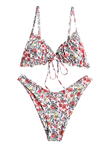 ZAFUL Women's Triangle Bikini Floral Ruffles Bow Tie Up Bikini Set Two Piece Swimsuit