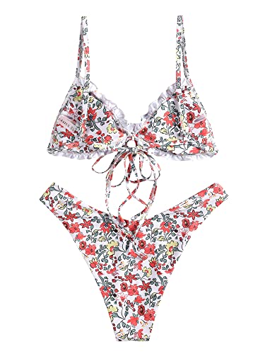 ZAFUL Women's Triangle Bikini Floral Ruffles Bow Tie Up Bikini Set Two Piece Swimsuit