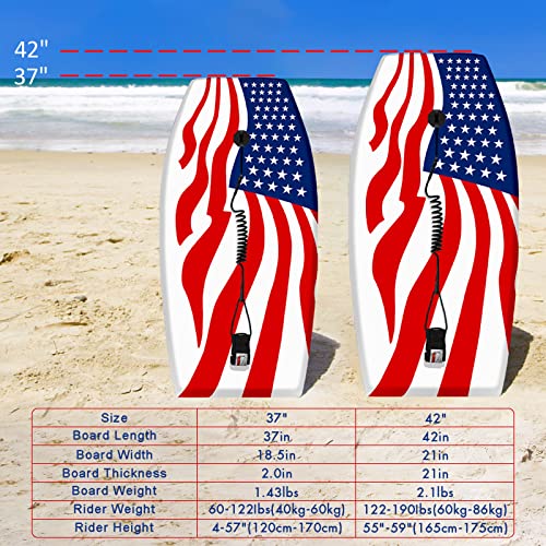Body Board for Beach 42 Inch Bodyboard American Flag Surf Boards with EPS Core Wrist Leash HDPE Slick Bottom Perfect Surfing for Teens Adults Kids Beginners and Any Surf Rider Level
