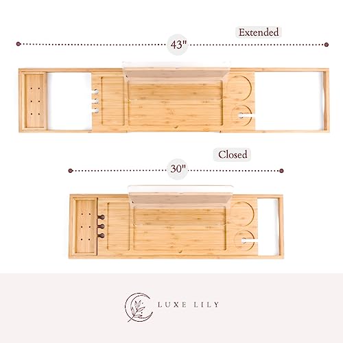 Luxe Lily Holds Your Book Open – Extendable Wooden Bathtub Tray Keeps Your Book Open While Protecting from Drips and Splashes - Perfect Bath Tub Tray for Reading and Relaxing in The Bathtub