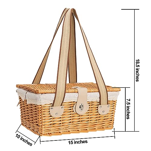 Picnic Basket for 2 Persons, Handmade Wicker Picnic Basket with Two Woven Canvas Handles & Washable Linen Lining, Natural Willow Hamper for Outdoor Picnic. Great Gift for Every Occasion