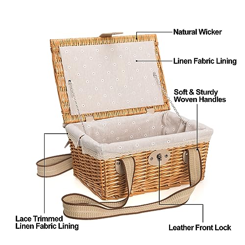 Picnic Basket for 2 Persons, Handmade Wicker Picnic Basket with Two Woven Canvas Handles & Washable Linen Lining, Natural Willow Hamper for Outdoor Picnic. Great Gift for Every Occasion