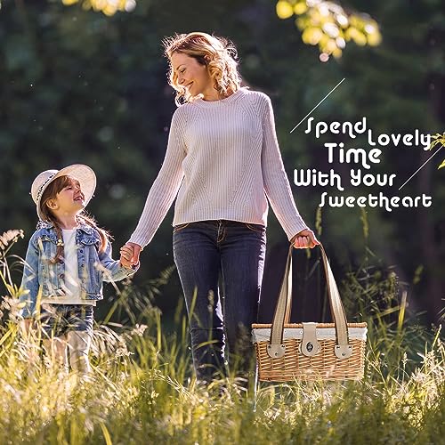 Picnic Basket for 2 Persons, Handmade Wicker Picnic Basket with Two Woven Canvas Handles & Washable Linen Lining, Natural Willow Hamper for Outdoor Picnic. Great Gift for Every Occasion