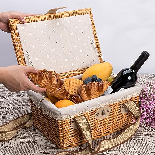 Picnic Basket for 2 Persons, Handmade Wicker Picnic Basket with Two Woven Canvas Handles & Washable Linen Lining, Natural Willow Hamper for Outdoor Picnic. Great Gift for Every Occasion