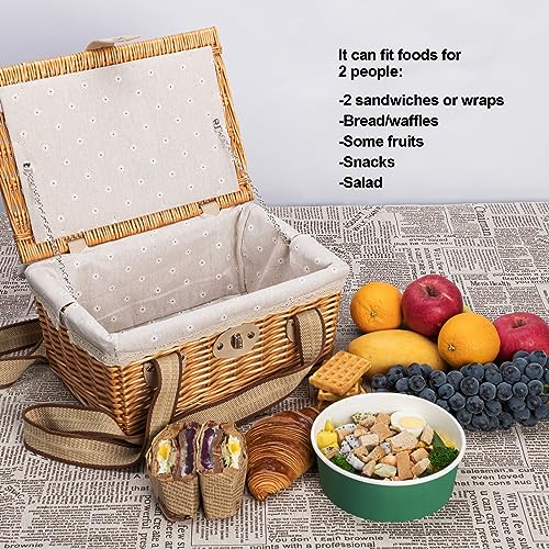 Picnic Basket for 2 Persons, Handmade Wicker Picnic Basket with Two Woven Canvas Handles & Washable Linen Lining, Natural Willow Hamper for Outdoor Picnic. Great Gift for Every Occasion