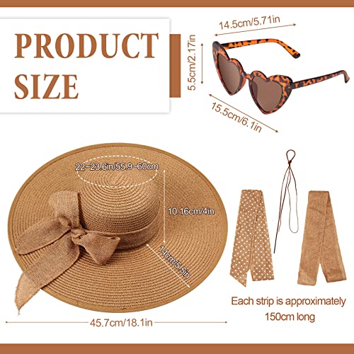 15 Pcs Beach Hat for Women Summer Wide Brim Sun Hat Straw Floppy UV Protection 50+ Hats Vintage Heart Glasses Set with Bows