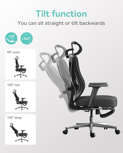 Hbada Ergonomic Office Chair, Desk Chair with Adjustable Lumbar Support and Height, Comfortable Mesh Computer Chair with Footrest 2D Headrest, Swivel Tilt Function Black