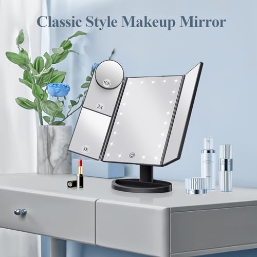 HUONUL Makeup Mirror Vanity with Lights, 2X 3X 10X Magnification, Lighted Mirror, Touch Control, Trifold Dual Power Supply, Portable LED Women Gift (Black)