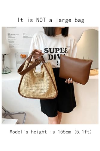 Women Faux Straw Bag Weave Tote Bag Summer Beach Bag Shoulder Bag Top Handle Bag Handbag 2 Pcs Set