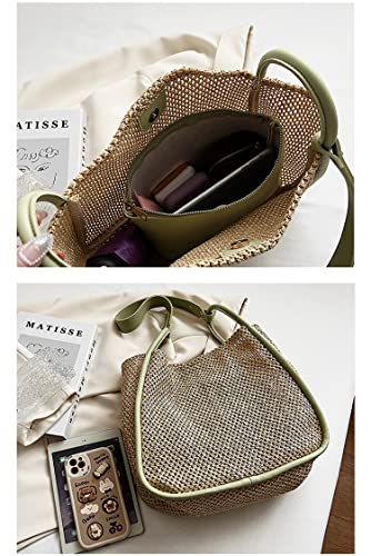 Women Faux Straw Bag Weave Tote Bag Summer Beach Bag Shoulder Bag Top Handle Bag Handbag 2 Pcs Set