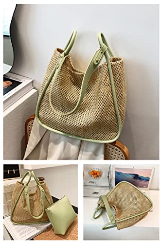 Women Faux Straw Bag Weave Tote Bag Summer Beach Bag Shoulder Bag Top Handle Bag Handbag 2 Pcs Set