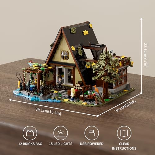 FUNWHOLE A-Frame Cabin Lighting Building Bricks Set - 2061 PCS Adult Construction Building Model Set for Adults and Teen