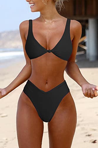 Bikini Set for Women Solid V Neck Knot Front Push Up High Leg Thong Two Piece Swimsuit