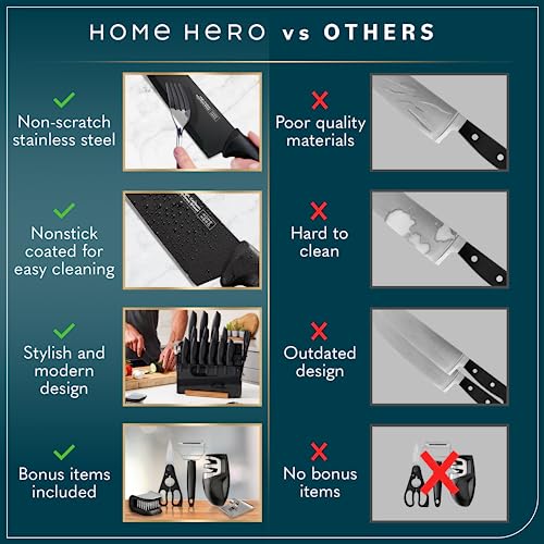 Home Hero Kitchen Knife Set with Sharpener - High Carbon Stainless Steel Knife Block Set with Ergonomic Handles (20 Pcs - Black)