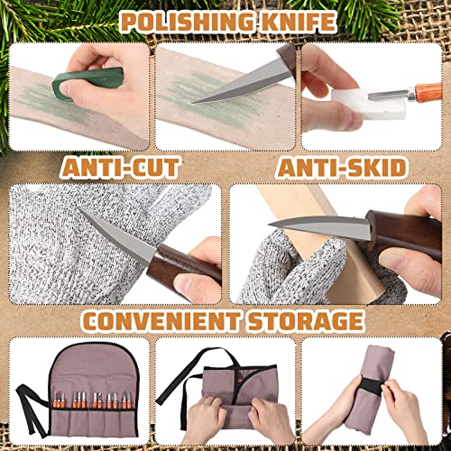 30 Pcs Wood Carving Tools Wood Whittling Kit Include Hand Carving Knife Set Wood Blocks Cut Resistant Gloves Sawdust Brush Sharpening Stone Polishing Wax Sharpening Leather Storage Bag for Beginners