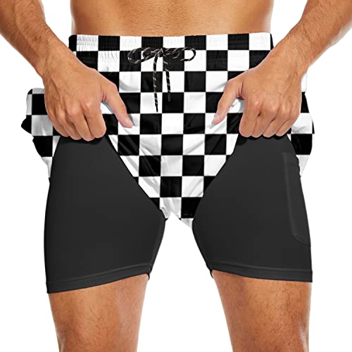 Men's Swim Trunks with Compression Liner Stretch Beach Board Shorts Drawstring Swimsuit 7 inch Inseam