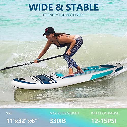 YUSING Inflatable Paddle Board with Seat, 11' x 32'' x 6" SUP, Paddle Boards for Adults, Non-Slip Deck SUP Paddle Board with Premium Kayak and SUP Accessories,3 Removable Fins