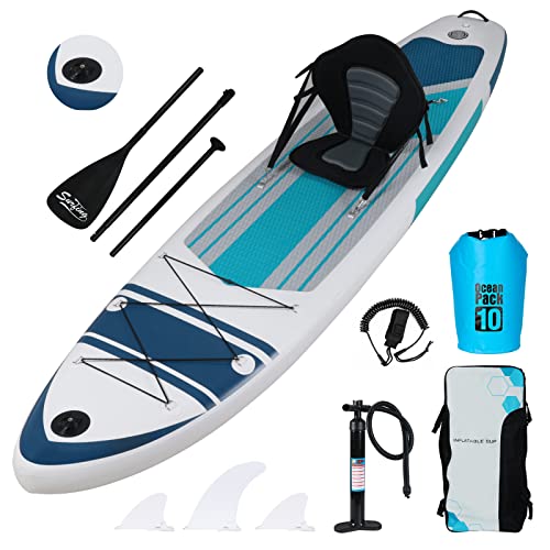 YUSING Inflatable Paddle Board with Seat, 11' x 32'' x 6" SUP, Paddle Boards for Adults, Non-Slip Deck SUP Paddle Board with Premium Kayak and SUP Accessories,3 Removable Fins