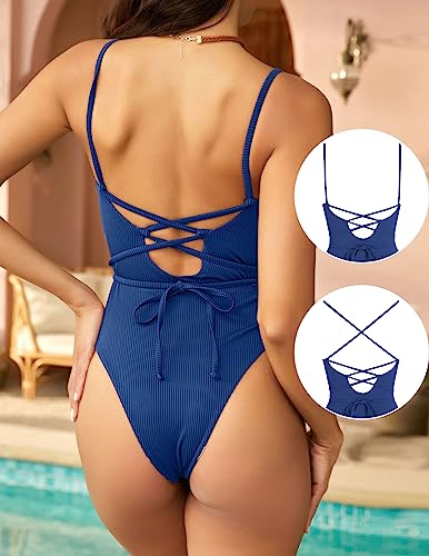 ZAFUL Women's One Piece Swimsuit Ribbed Lace Up Tie Back Bathing Suits Sexy High Cut Scoop Neck Tummy Control Padded Swimwear