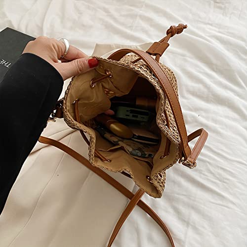 Straw Bucket Bag for Women, Summer Woven Beach Bag Drawstring Hobo Bucket Purses Handbag for Vacation