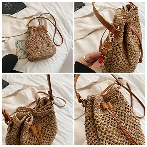 Straw Bucket Bag for Women, Summer Woven Beach Bag Drawstring Hobo Bucket Purses Handbag for Vacation