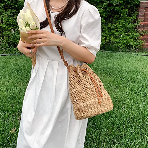 Straw Bucket Bag for Women, Summer Woven Beach Bag Drawstring Hobo Bucket Purses Handbag for Vacation