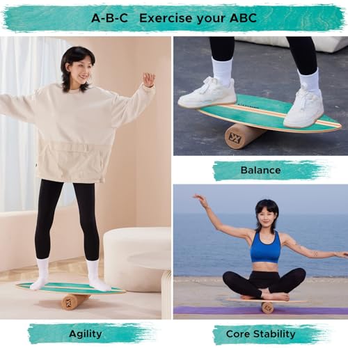 XCMAN Surf Balance Board Trainer with Roller Wooden Exercise Balancing Stability Trainer - Non Slip Surface for Adults Kids|Balance Board for Surfing,Snowboarding,Skateboarding,Hockey,Yoga Training