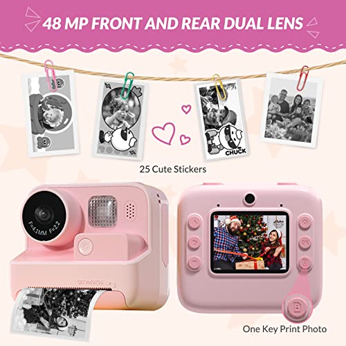 Mafiti Kids Camera Instant Print, 48MP Digital Camera Selfie 1080P Video Camera with 32G TF Card, Toys Presents for Girls Boys Aged 3-12 for Christmas/Birthday/Holiday (Pink)