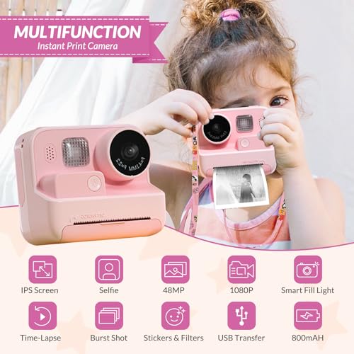 Mafiti Kids Camera Instant Print, 48MP Digital Camera Selfie 1080P Video Camera with 32G TF Card, Toys Presents for Girls Boys Aged 3-12 for Christmas/Birthday/Holiday (Pink)