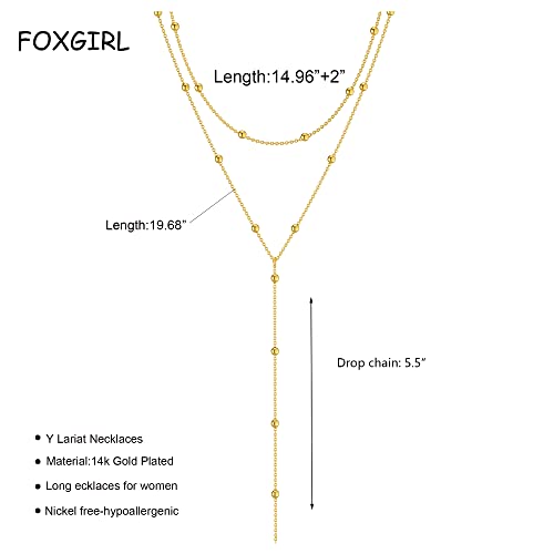 Foxgirl Dainty Long Gold Necklaces for Women, Trendy Lariat Y Necklace 14k Gold Plated Layered Beaded Drop Necklaces Simple Handmade Bar CZ Pendant Y-Shaped Chain Jewelry Gift Wedding