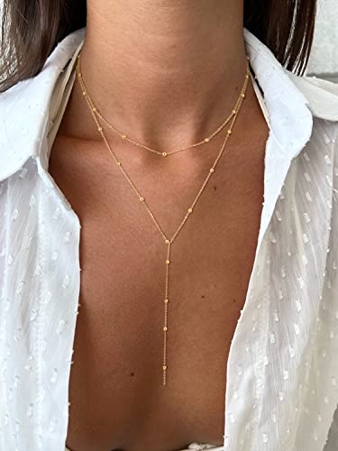 Foxgirl Dainty Long Gold Necklaces for Women, Trendy Lariat Y Necklace 14k Gold Plated Layered Beaded Drop Necklaces Simple Handmade Bar CZ Pendant Y-Shaped Chain Jewelry Gift Wedding