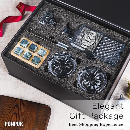 PONPUR 50th Birthday Gifts For Men Dad, 1974 Laser Whiskey Decanter Set with Gift Box, Anniversary Birthday Gift Ideas for Him Husband, 50 Years Bday Decorations, Whiskey Glasses & Whisky Stones Inc.