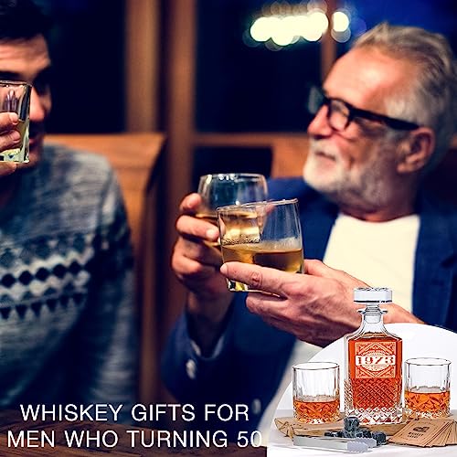 PONPUR 50th Birthday Gifts For Men Dad, 1974 Laser Whiskey Decanter Set with Gift Box, Anniversary Birthday Gift Ideas for Him Husband, 50 Years Bday Decorations, Whiskey Glasses & Whisky Stones Inc.