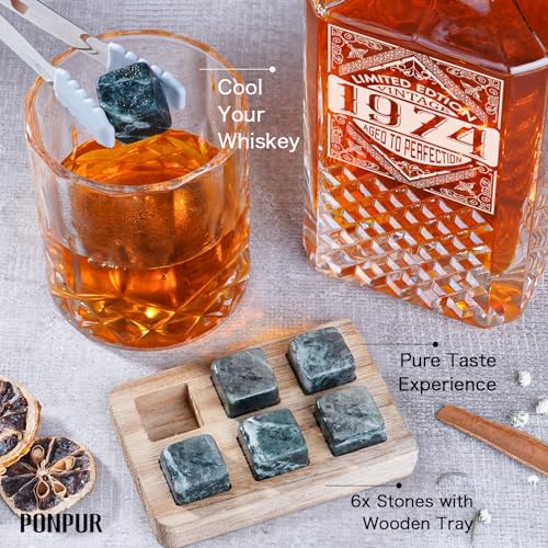 PONPUR 50th Birthday Gifts For Men Dad, 1974 Laser Whiskey Decanter Set with Gift Box, Anniversary Birthday Gift Ideas for Him Husband, 50 Years Bday Decorations, Whiskey Glasses & Whisky Stones Inc.