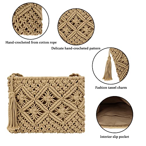 Women Crochet Shoulder Bag Handmade Woven Beach Crossbody Handbag Satchel Purse with Tassel for Summer