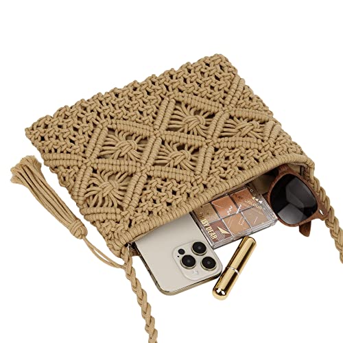 Women Crochet Shoulder Bag Handmade Woven Beach Crossbody Handbag Satchel Purse with Tassel for Summer