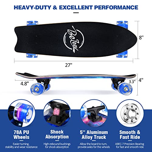 BELEEV Cruiser Skateboards for Beginners, 27 x 8 inch Complete Skateboard for Kids Teens Adults, 7 Ply Canadian Maple Double Kick Deck Concave Skateboard with Skate T-Tool