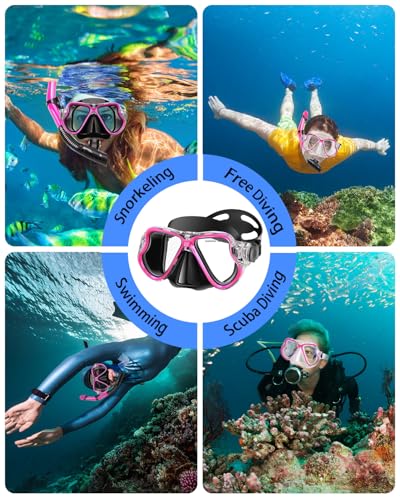 Snorkeling Gear for Adults Kids, Dry Snorkeling Set, Panoramic Anti-Leak and Anti-Fog Tempered Glass Lens, Adjustable Strap Snorkel Set with Mesh Bag Ear Plug for Snorkeling Scuba Diving Travel