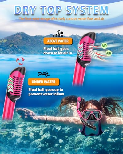 Snorkeling Gear for Adults Kids, Dry Snorkeling Set, Panoramic Anti-Leak and Anti-Fog Tempered Glass Lens, Adjustable Strap Snorkel Set with Mesh Bag Ear Plug for Snorkeling Scuba Diving Travel