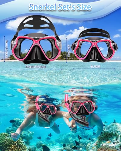 Snorkeling Gear for Adults Kids, Dry Snorkeling Set, Panoramic Anti-Leak and Anti-Fog Tempered Glass Lens, Adjustable Strap Snorkel Set with Mesh Bag Ear Plug for Snorkeling Scuba Diving Travel