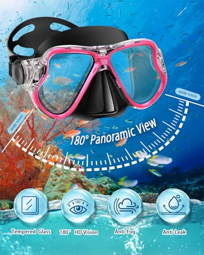 Snorkeling Gear for Adults Kids, Dry Snorkeling Set, Panoramic Anti-Leak and Anti-Fog Tempered Glass Lens, Adjustable Strap Snorkel Set with Mesh Bag Ear Plug for Snorkeling Scuba Diving Travel