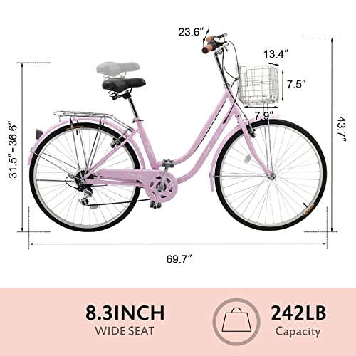 Ktaxon Women Bike Bicycles for Women, Beach Cruiser Bike with Premium Derailleur & Shift Lever, Adjustable Seat, High-Carbon Steel Frame and Excellent Welding Technology (Pink)