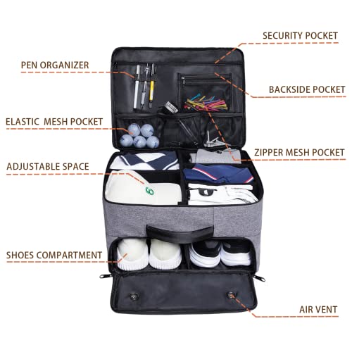 Golf Trunk Organizer 2 Layer, Car Golf Organizer with Ventilated Compartment for 2 Pair Shoes, Golf Trunk Storage Locker for Golf Accessories, Balls, Tees, Clothes, Gloves, Golf Gifts for Men