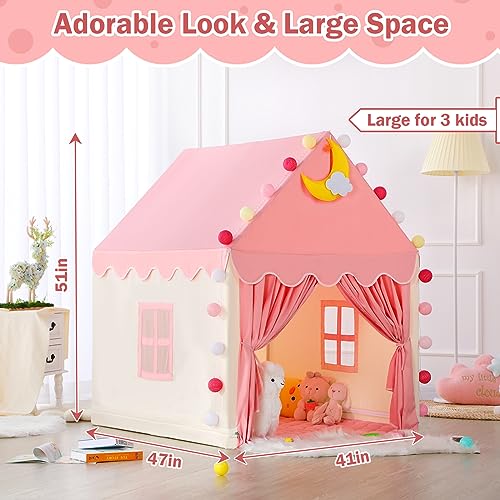 Wilwolfer Kid Tent with Mat, Star Lights - Kids Play Tents for Toddlers Kids Tents Indoor Playhouse - Princess Tent for Girls Toy House Gift (Pink with Cloth)