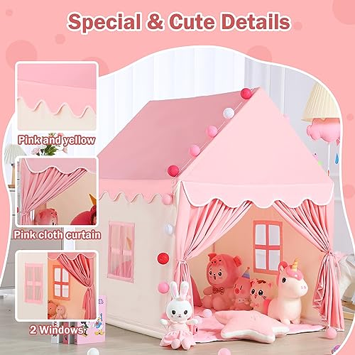 Wilwolfer Kid Tent with Mat, Star Lights - Kids Play Tents for Toddlers Kids Tents Indoor Playhouse - Princess Tent for Girls Toy House Gift (Pink with Cloth)