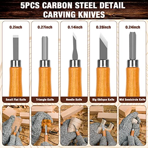 Wood Carving Kit, 23pcs Wood Carving Tool with 4PCS Wood Carving Knives & 5PCS Detail Knives 9 Basswood Blocks & Gloves & Roll Bag & Strop Block & Polishing Compound Whittling Kit Hobbies for Adults