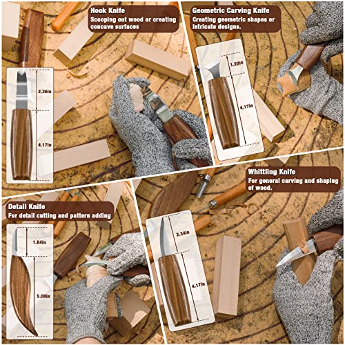 Wood Carving Kit, 23pcs Wood Carving Tool with 4PCS Wood Carving Knives & 5PCS Detail Knives 9 Basswood Blocks & Gloves & Roll Bag & Strop Block & Polishing Compound Whittling Kit Hobbies for Adults