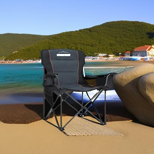 Overmont Oversized Folding Camping Chair - 450lbs Support with Padded Cushion Cooler Pockets - Heavy Duty Collapsible Chairs for Sports Garden Beach Fishing Black