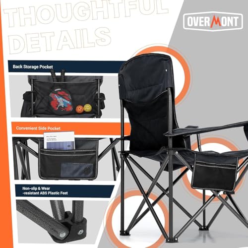 Overmont Oversized Folding Camping Chair - 450lbs Support with Padded Cushion Cooler Pockets - Heavy Duty Collapsible Chairs for Sports Garden Beach Fishing Black