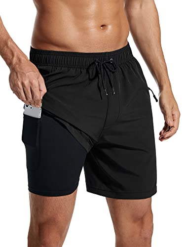 SILKWORLD 5'' 7'' 9'' Inch Mens Swimming Trunks with Compression Liner Quick-Dry Bathing Suit with Zipper Side Pockets